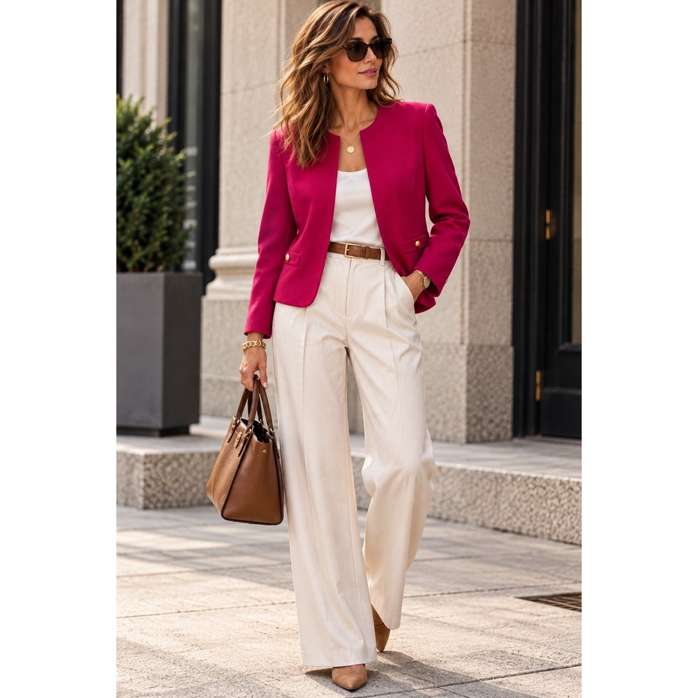 Talbots Womens Magenta Pink 100% Wool Collarless Open Front Blazer 10 Vintage